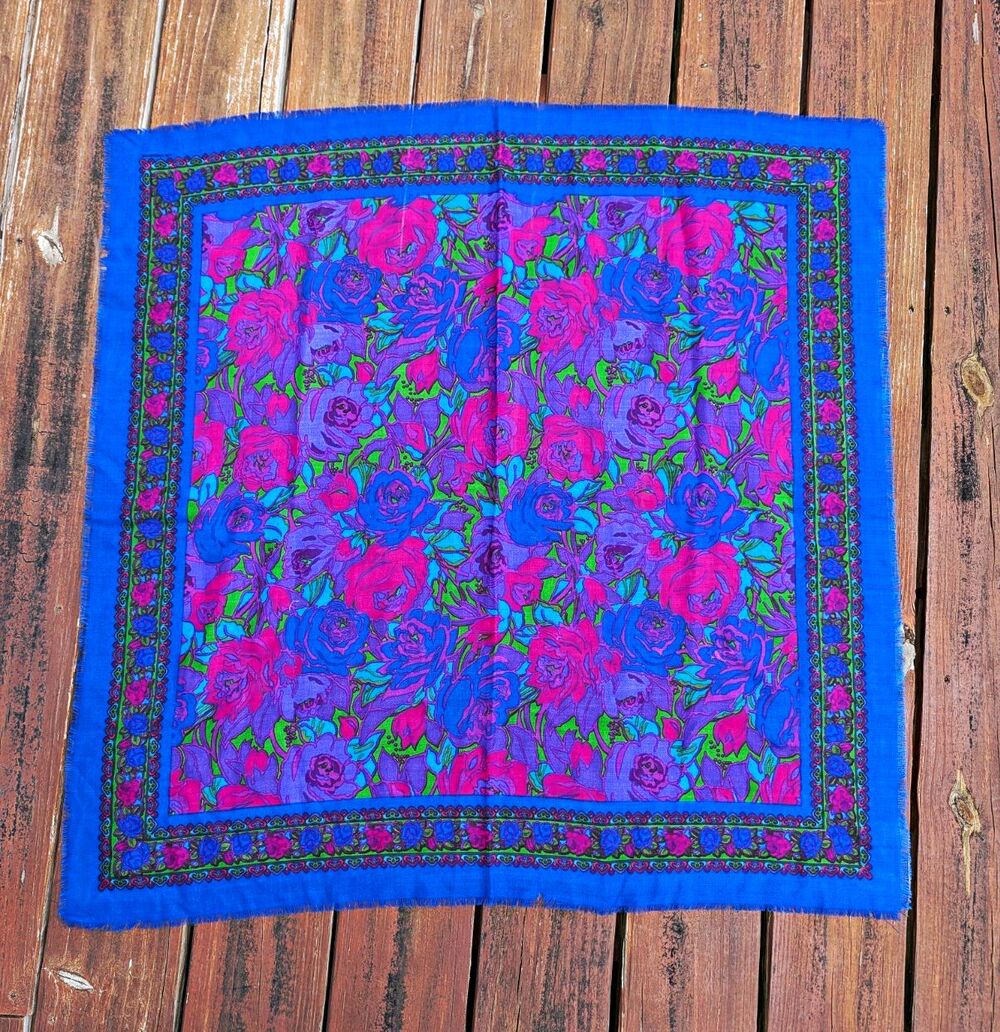 Liz Claiborne Vintage 100% Wool Woven Floral Square Scarf Japan Retro Bright 34"